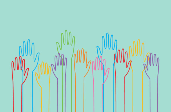 Illustration of overlapping outlines of hands in rainbow colors reaching up.