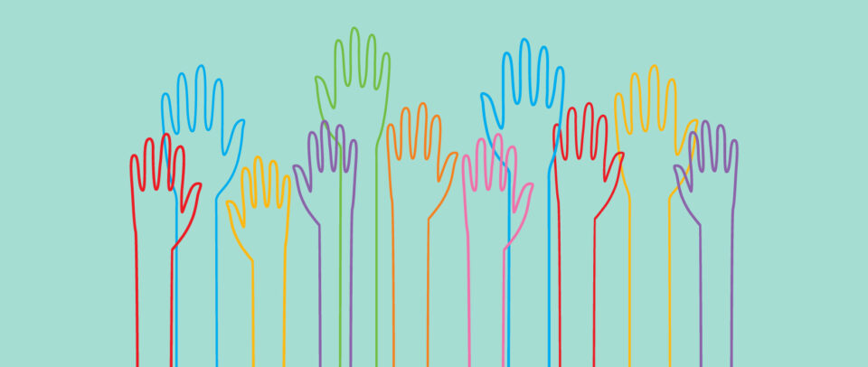 Illustration of overlapping outlines of hands in rainbow colors reaching up.