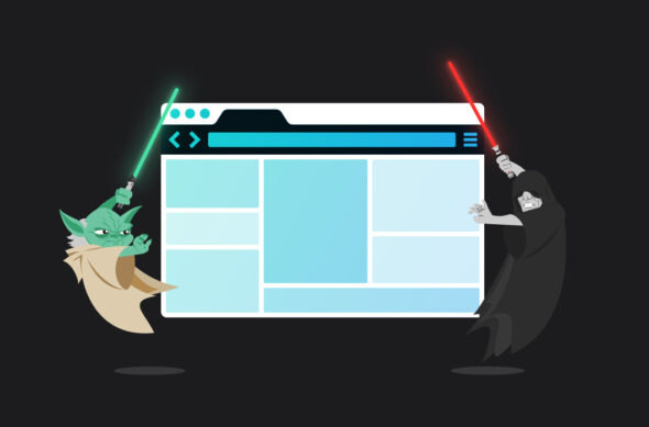 Illustration of Yoda and Emperors Palpatine from Star Wars, holding lightsabers on either side of a web browser screen