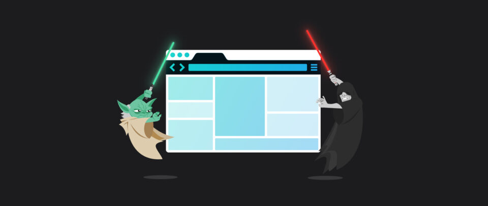 Illustration of Yoda and Emperors Palpatine from Star Wars, holding lightsabers on either side of a web browser screen