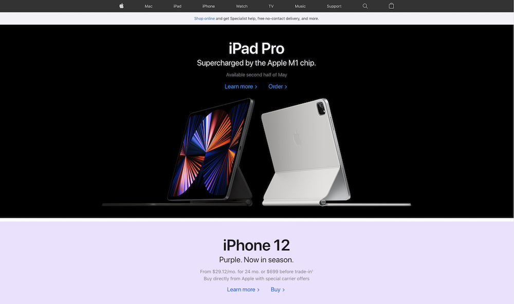 Screenshot of Apple's website, touting new iPad processors and 