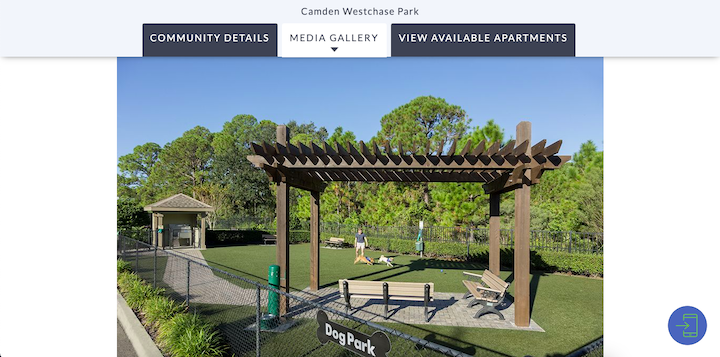 Screenshot of Camden Westchase Park's website with a photo of an open dog park with dogs playing beside a covered seating area.