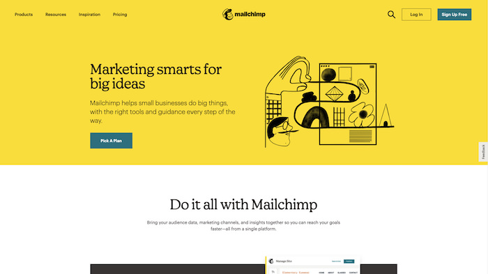 Screenshot of Mailchimp's website, with second-person headlines and an emphasis on the user journey