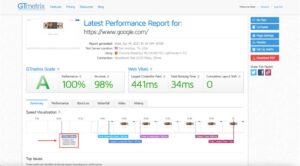 GTmetrix performance support of google.com with a TTFB of 218ms.
