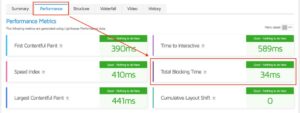 The Performance tab of a GTmetrix report of google.com, with the Total Blocking Time of 34ms highlighted