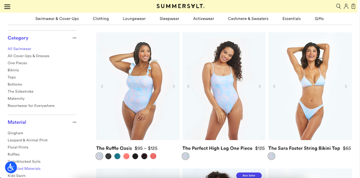 Screenshot of Summersalt's ecommerce category page, with diverse models and minimal retouching applied.