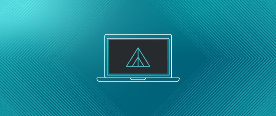 Illustration of a futuristic laptop with an icon of a pyramid inside a pyramid, the logo of Media Temple's VPS Hosting