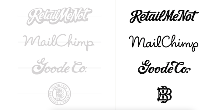 Side-by-side comparison of logo redesigns done by Jessica Hische